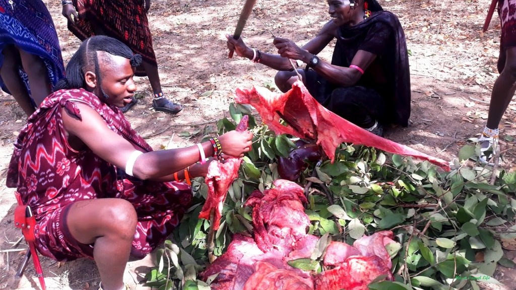 Un gruppo di guerrieri maasai preparano la carne da cucinare