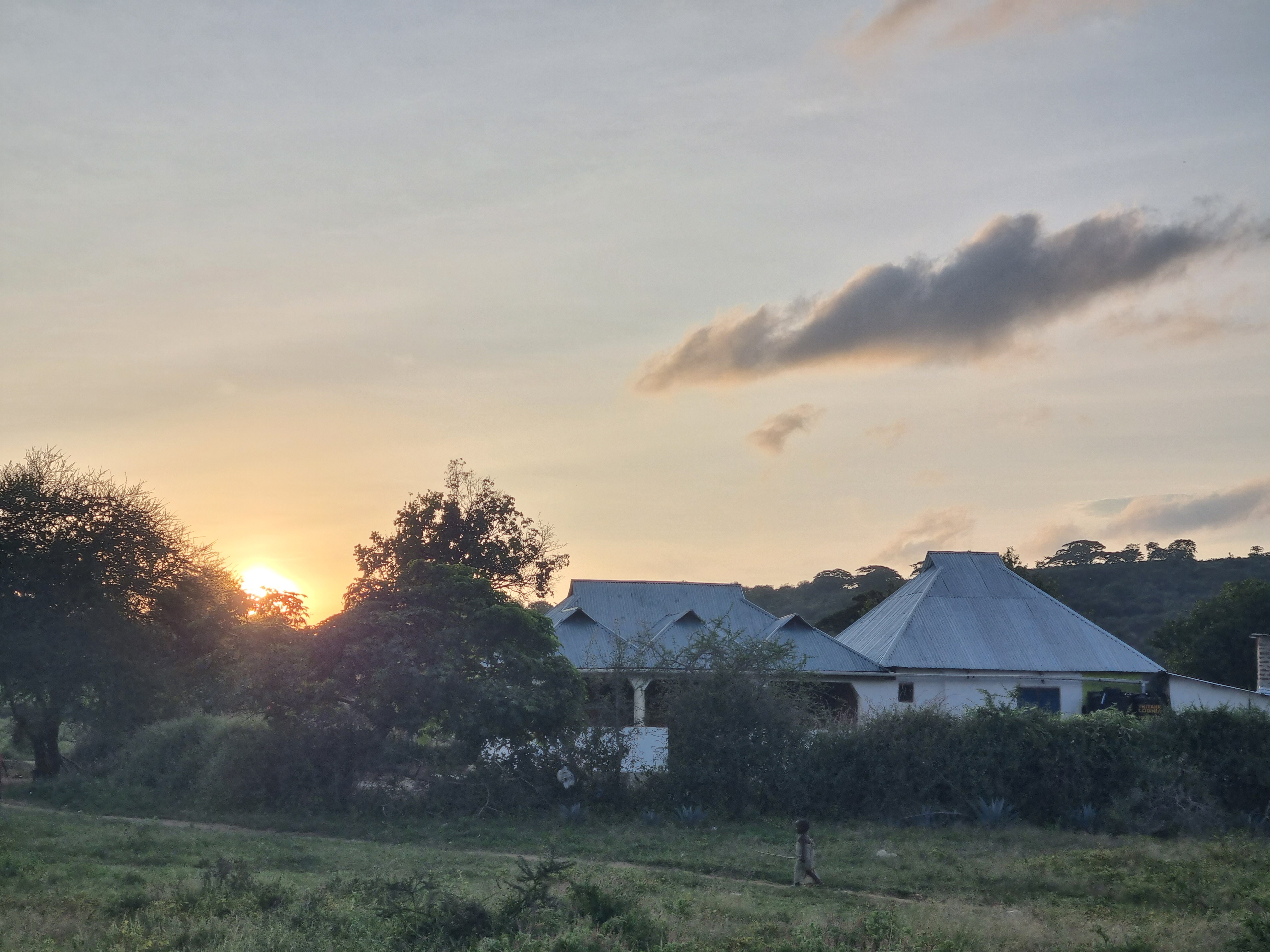 Panorama di un'abitazione e della savana al tramonto in Tanzania, con alberi e un bambino che cammina.